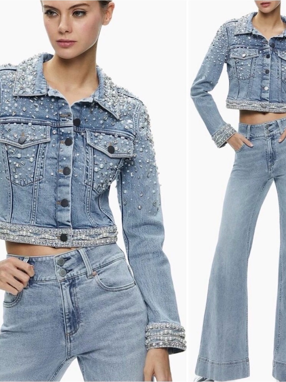 Alice + Olivia Crystal Pearl-Embellished Blue Denim Jacket XS
